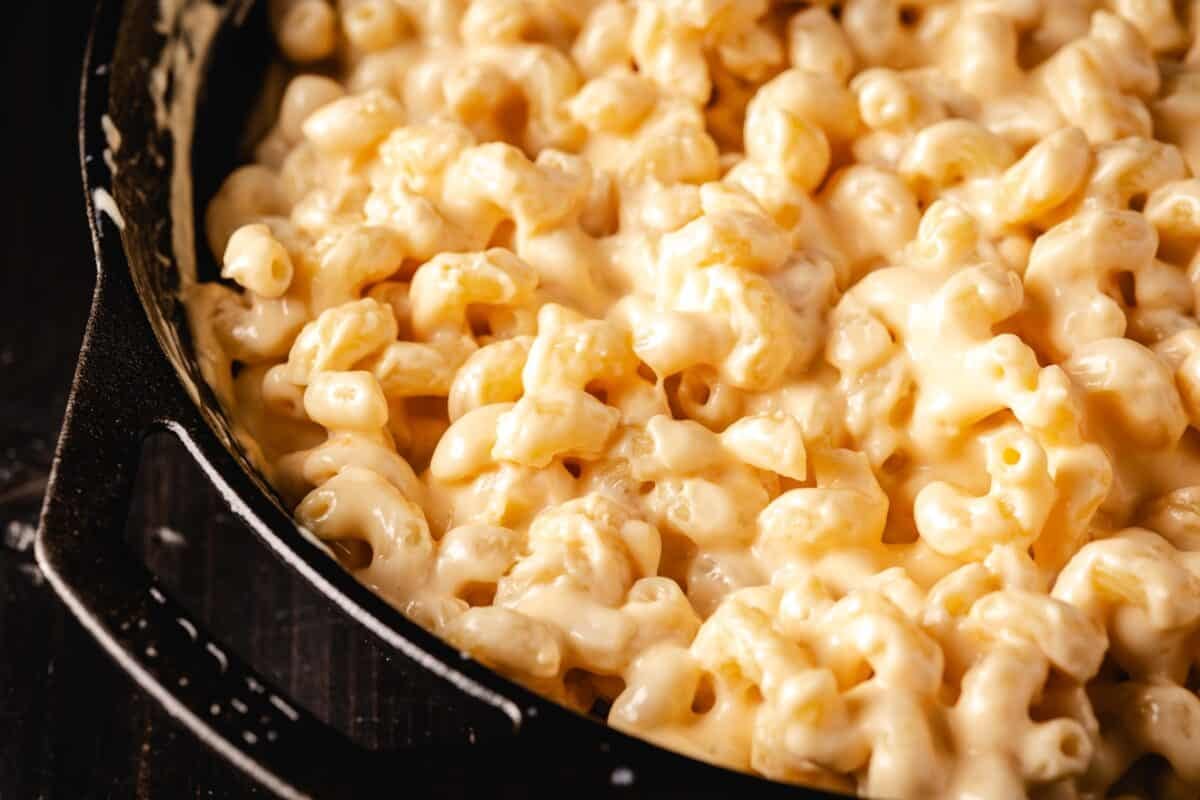 A leading blow of a pan full of gouda mac and cheese.