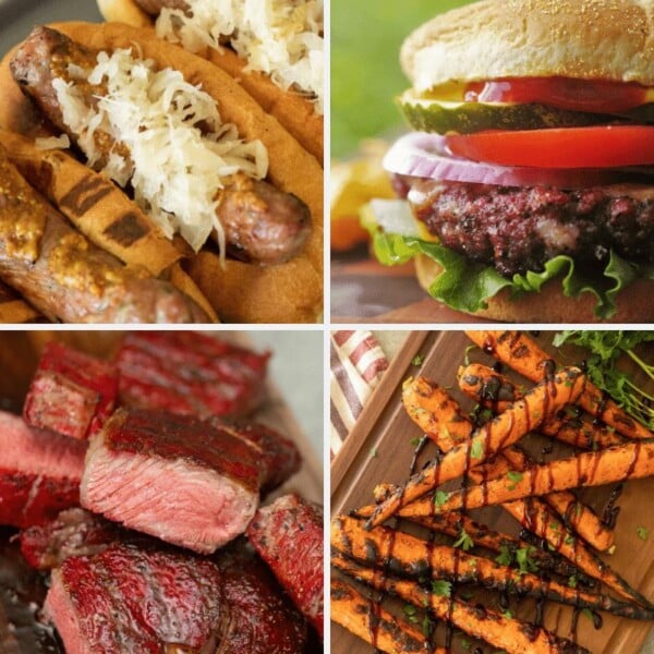 Four-image collage of grilled bratwurst, smoked hamburgers, smoked steak, and grilled carrots.