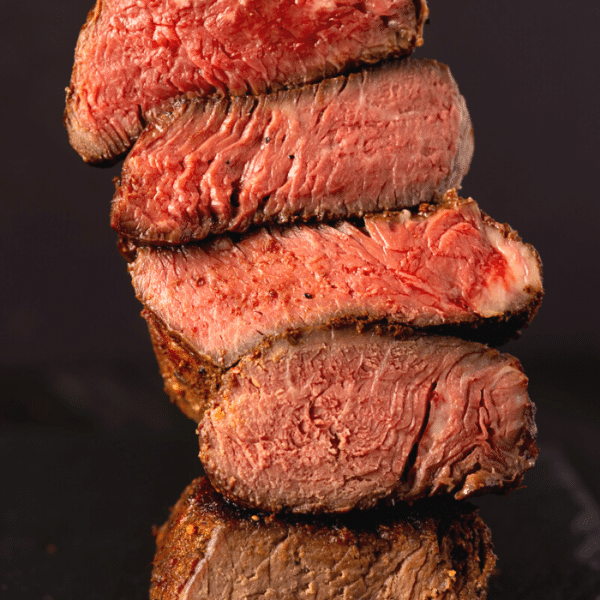 Stack of sliced steaks.