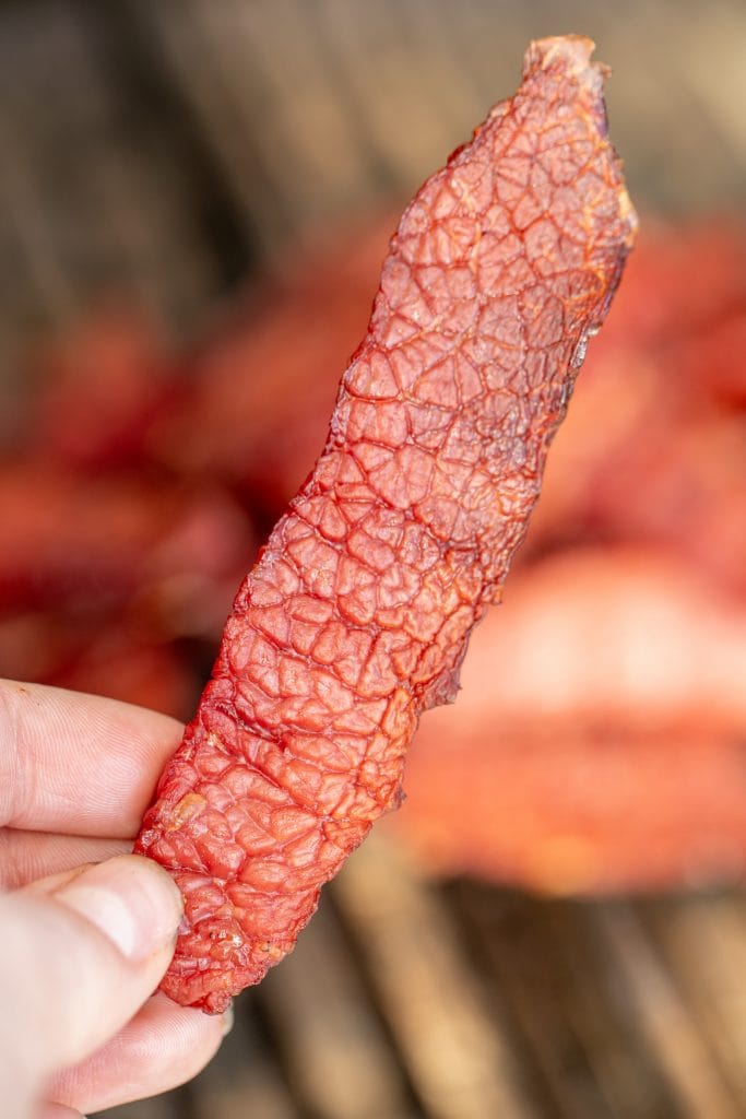 close up of a piece of corned beef jerky.