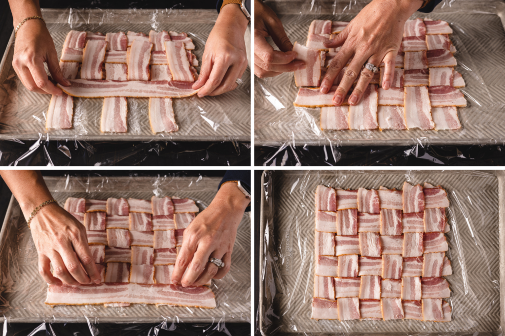 Four image collage of a bacon weave being completed.