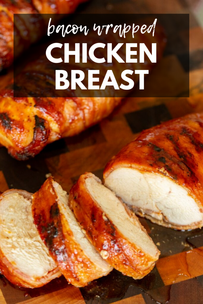 Sliced bacon wrapped chicken breasts on a wood cutting board. Decorative text