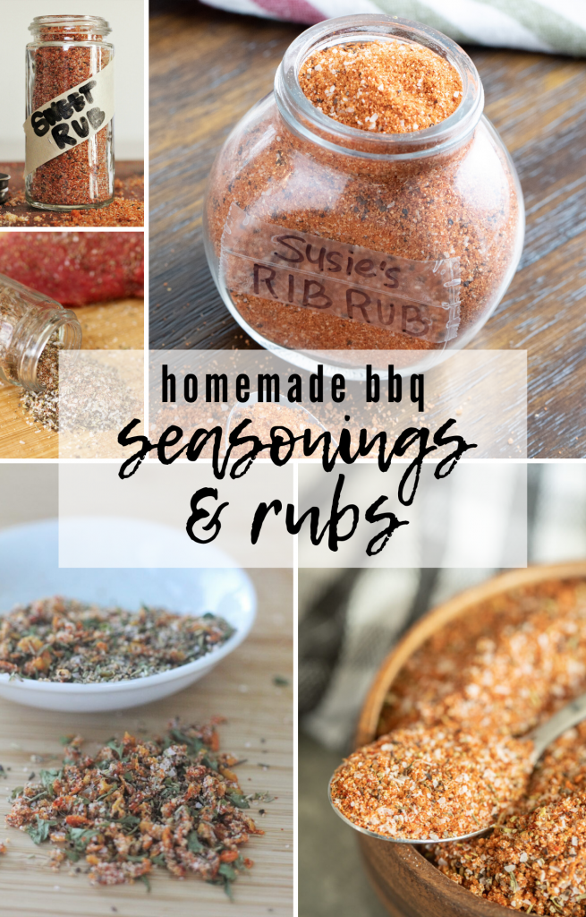 Five-image collage of homemade BBQ seasonings and rubs.