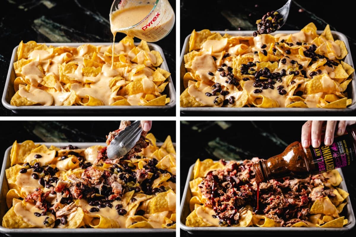 A collage showing the steps for layering nacho chips with queso, olives, pork, and BBQ sauce.