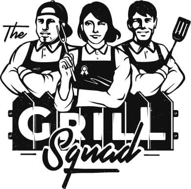 The Grill Squad Logo with two men and one illustrated BBQ chefs behind the text "The Grill Squad."