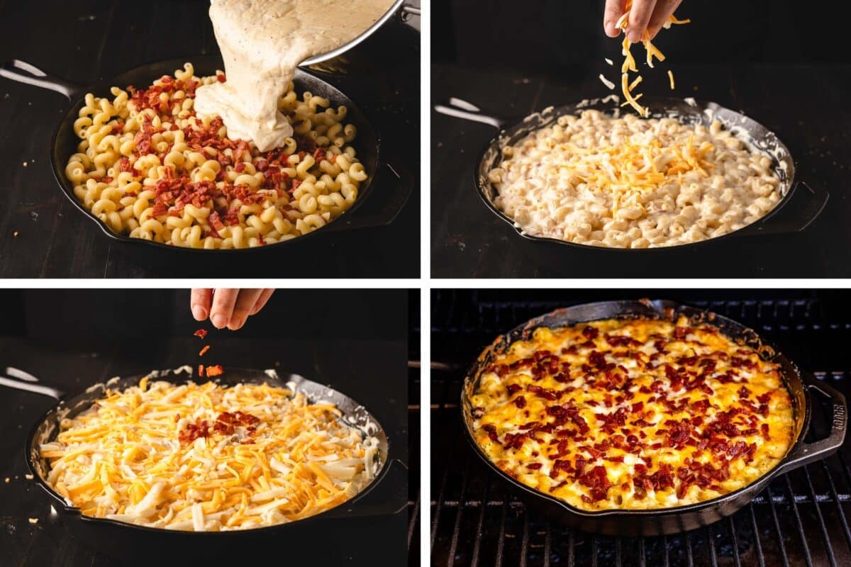 A collage showing the various stages for adding cheese sauce and toppings to noodles in a skillet.