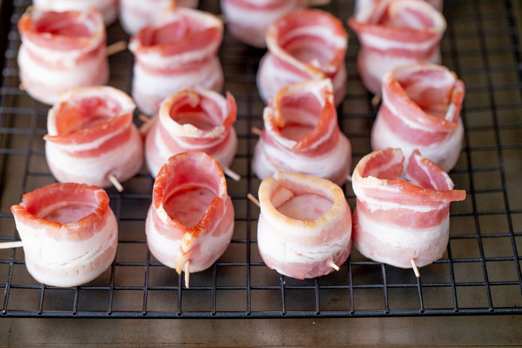 bacon rolled into little cups and held together with toothpicks.