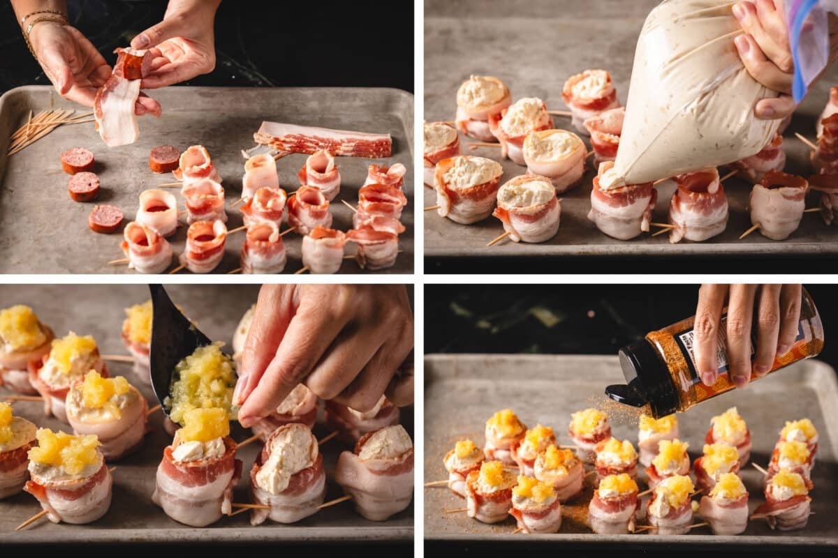A collage showing the steps for wrapping bacon into cups and filling them with cheese and pineapple, and sprinkling with brown sugar.