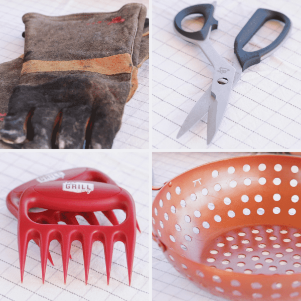 Four-image collage of leather gloves, kitchen shear, meat claws, and copper grill basket.
