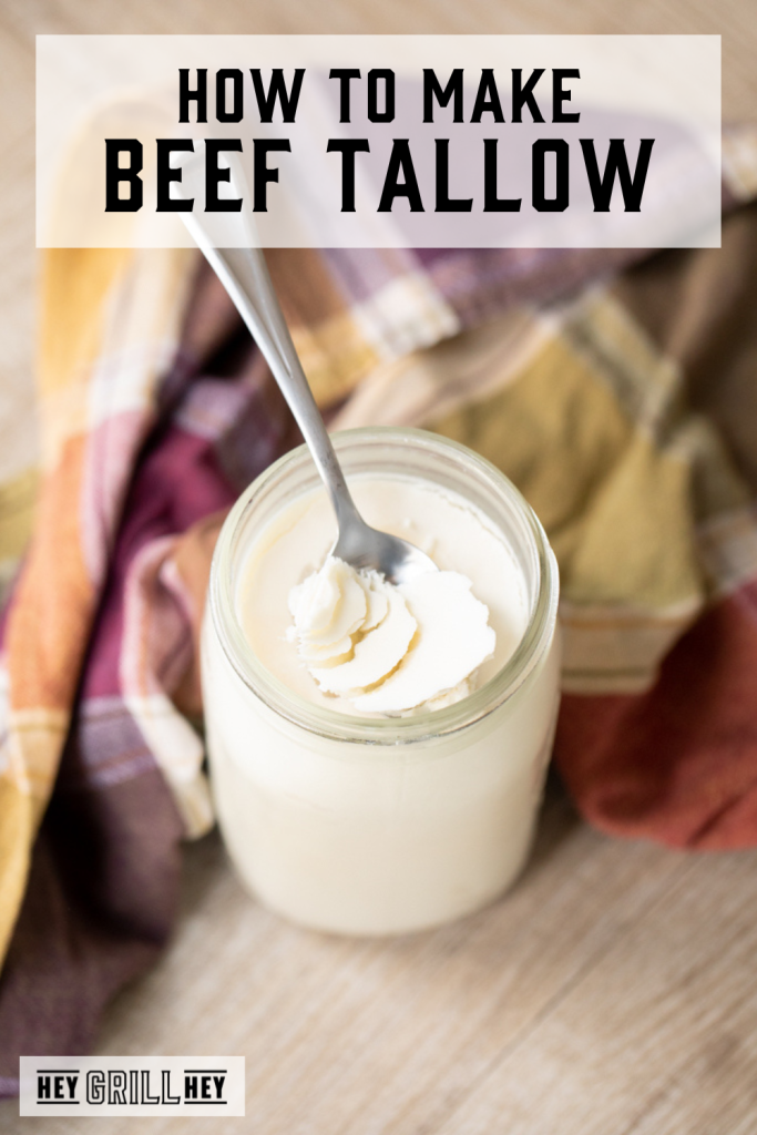 Beef tallow in a glass mason jar with text overlay - How to Make Beef Tallow.