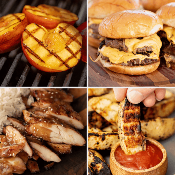Four-image collage of grilled peaches, smash burgers, teriyaki chicken, and potato spears.