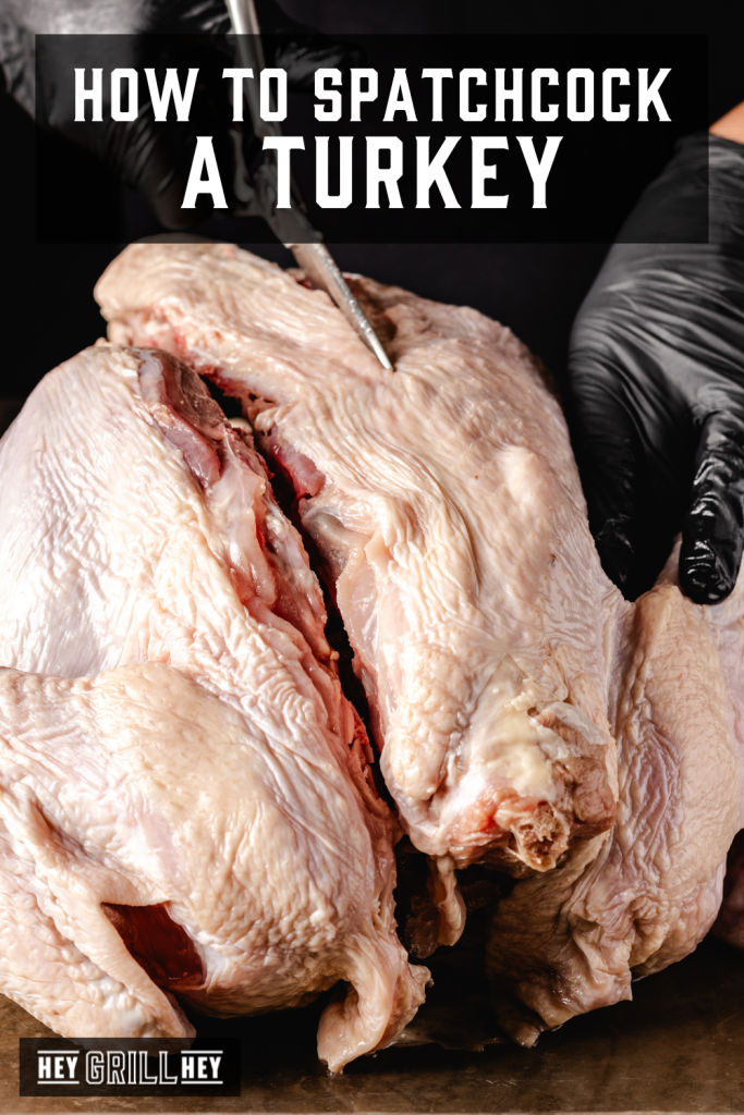 Turkey being spatchcocked with text overlay - How to Spatchcock a Turkey.