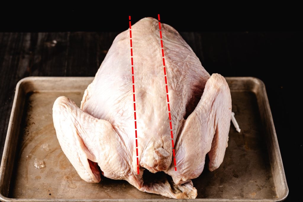 Turkey on a baking dish with dotted lines showing where to cut out the backbone.