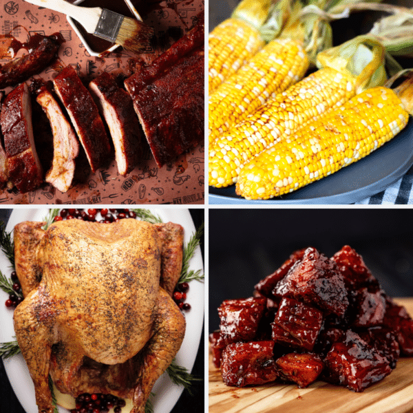Collage of turkey, ribs, corn, and burnt ends.