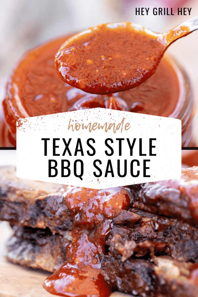 Twp-image collage of Texas BBQ sauce in a mason jar and the same sauce being poured over sliced brisket. Text overaly reads: Homemade Texas Style BBQ Sauce.