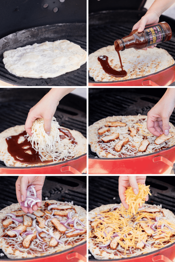 Six-image collage of the process of making a BBQ chicken pizza.