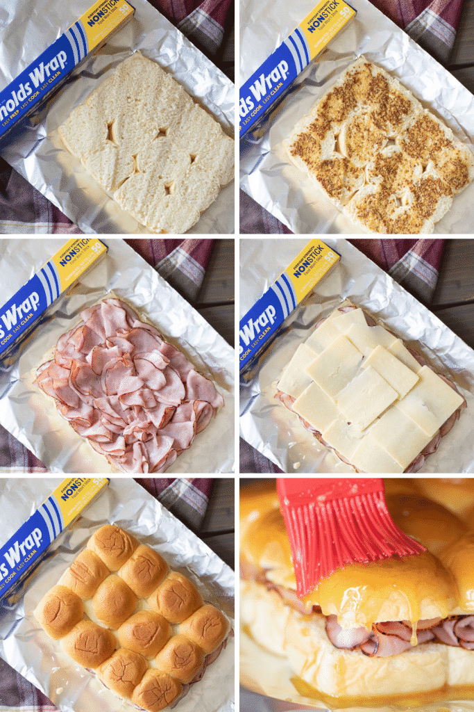 6-image collage showing the process of making ham and cheese sliders.