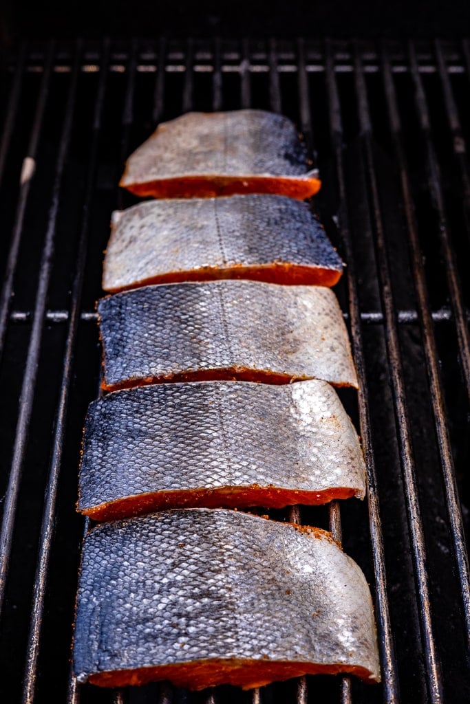 Salmon skin-side up on the grill.