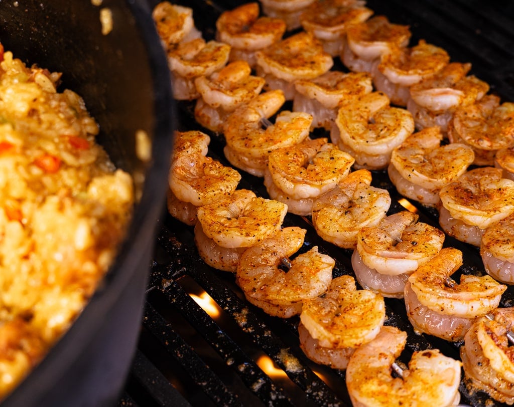 Grilled skewered shrimp on the BBQ.