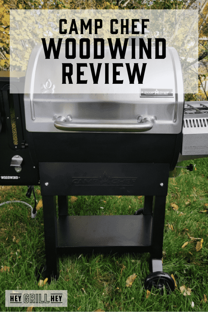 Camp Chef Woodwind pellet grill in a yard with text overlay - Camp Chef Woodwind Review.