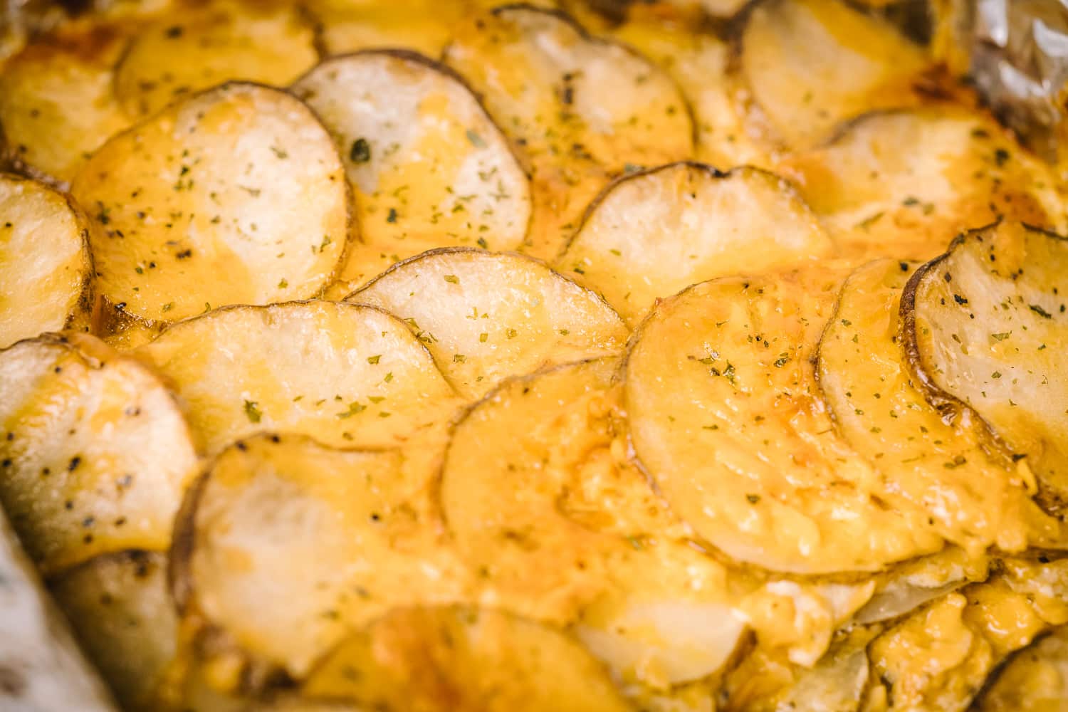 Smoked Chantilly potatoes in a baking dish.