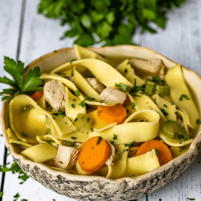 Turkey noodle soup in a serving bowl.