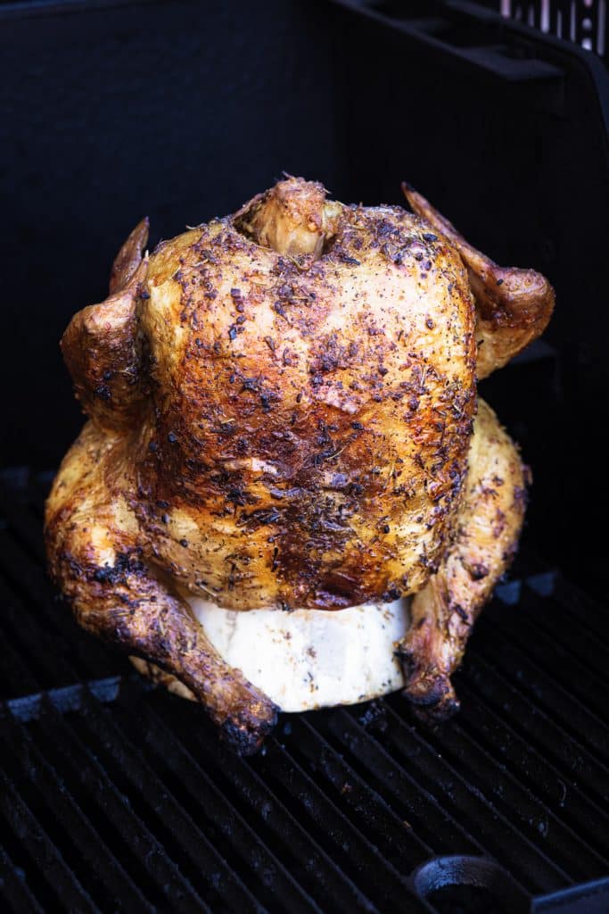 Beer can chicken on the grill.