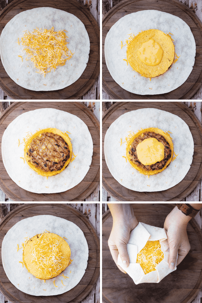 Six image collage showing step by step toppings for a turkey burger crunchwrap.