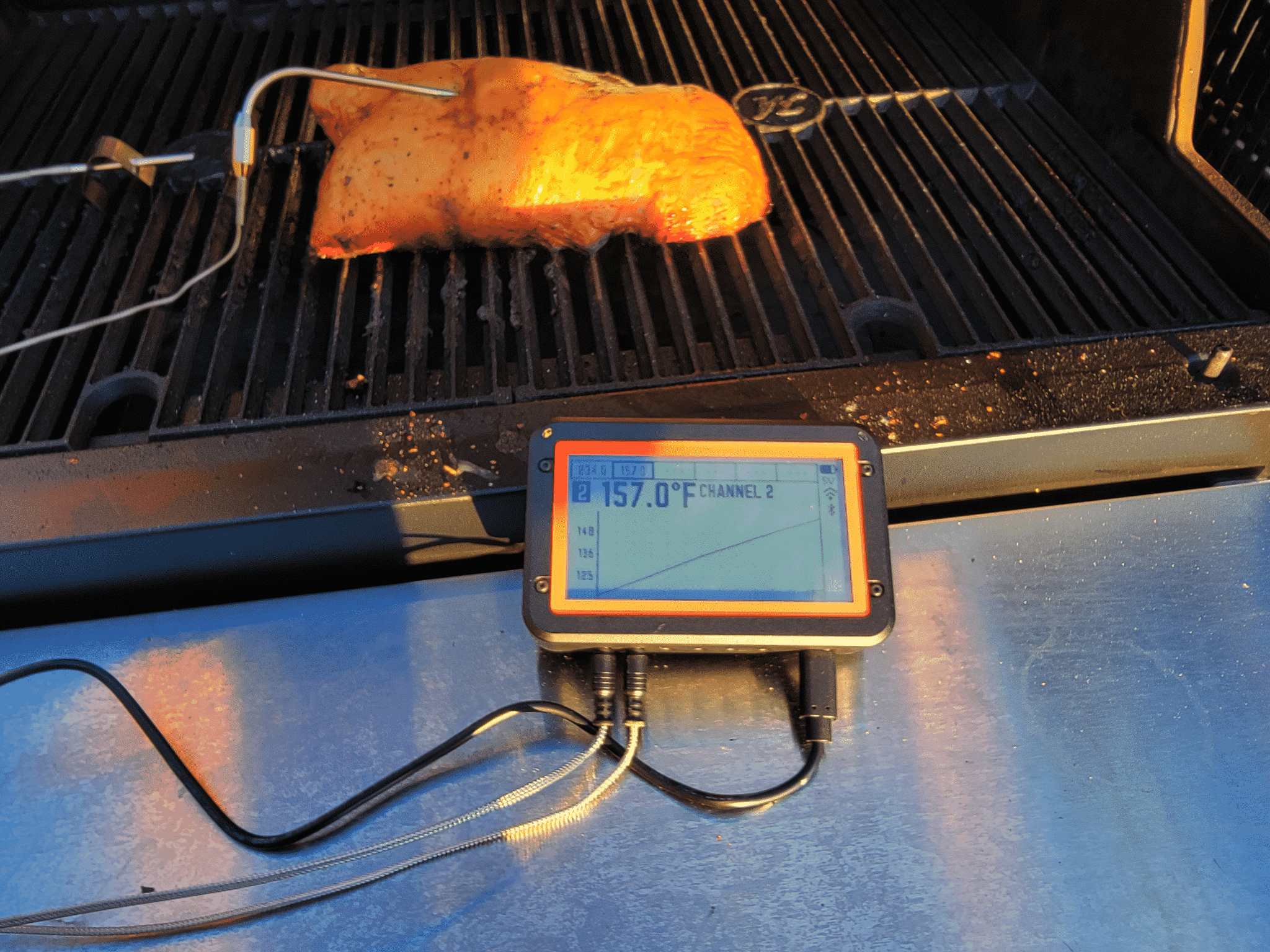 thermometer on a grill in front of food