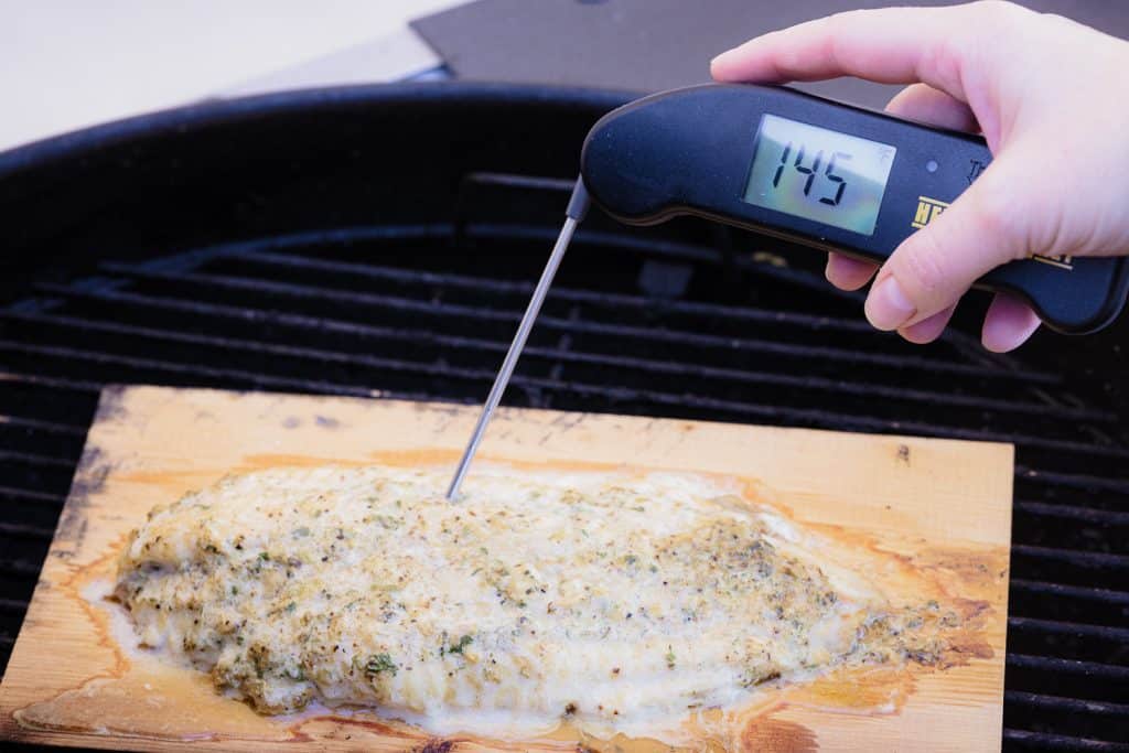 Instant read thermometer reading temperature of catfish at 145 degrees F.