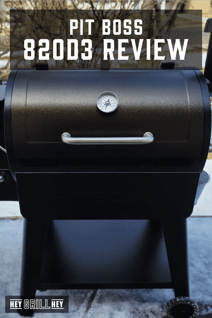 Pit Boss 820D3 Grill on a porch with text overlay - Pit Boss 820D3 Review.