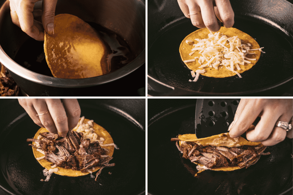 Four-image collage of the process of layering ingredients to make a birria taco.