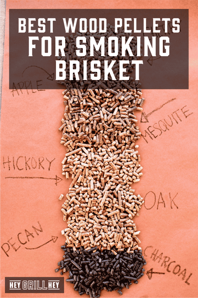 Different wood pellets lined up on peach butcher paper with text overlay - Best Wood Pellets for Smoking Brisket.