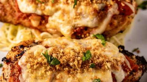 Grilled chicken parmesan topped with Panko on a white plate.