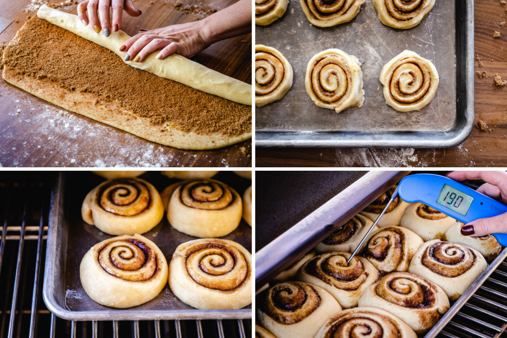 Collage of cinnamon rolls being cooked on the smoker.