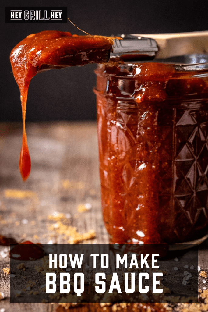 Homemade BBQ sauce dripping off a sauce brush with text overlay - How to Make BBQ Sauce.