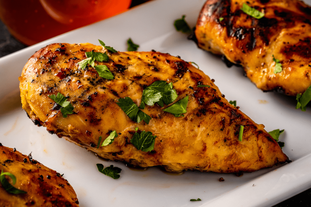 Grilled honey butter chicken breasts on a white serving platter.