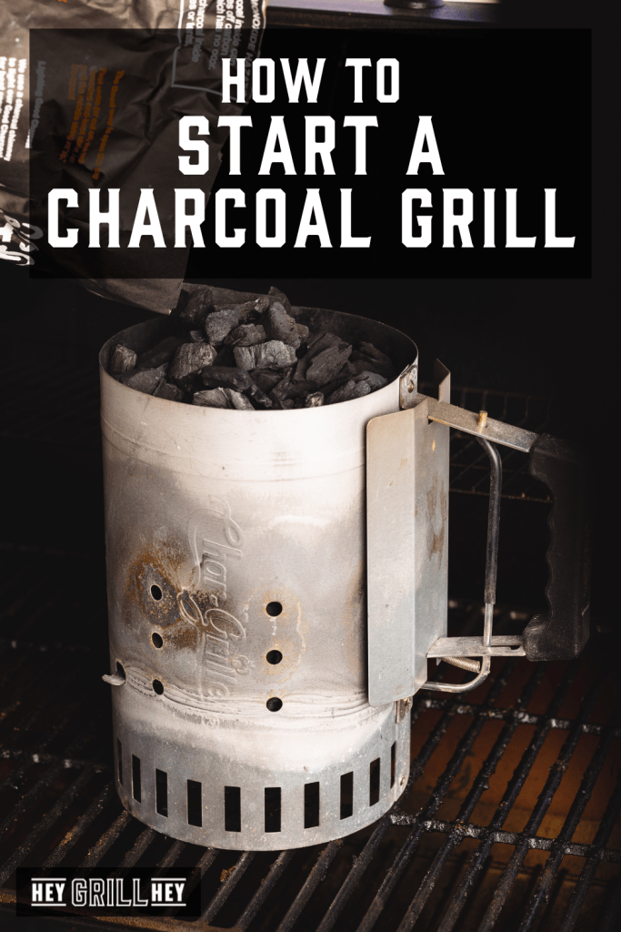 Charcoal in a chimney with text overlay - How to Start a Charcoal Grill.