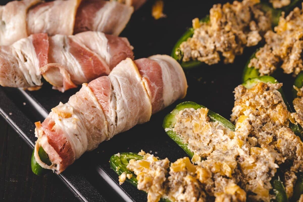 Jalapeño poppers wrapped in bacon.