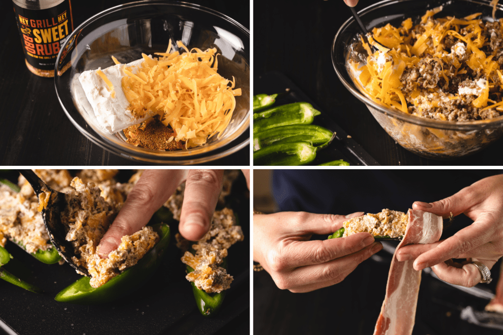 Four-image collage showing the process of making jalapeno popper filling and stuffing the jalapenos.