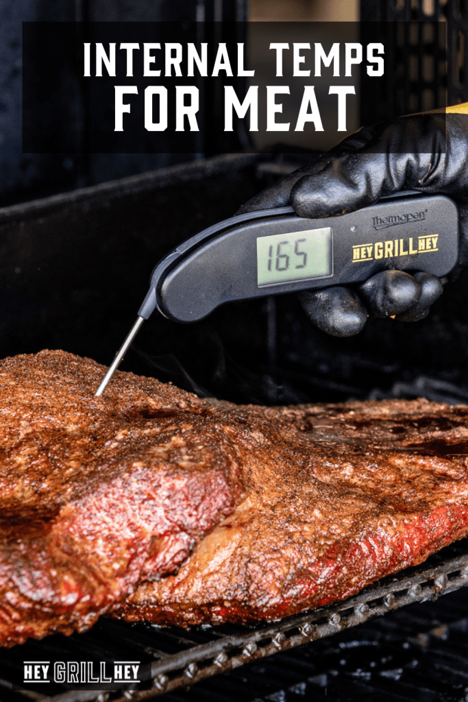 Meat thermometer in a brisket with text overlay - Internal Temps for Meat.