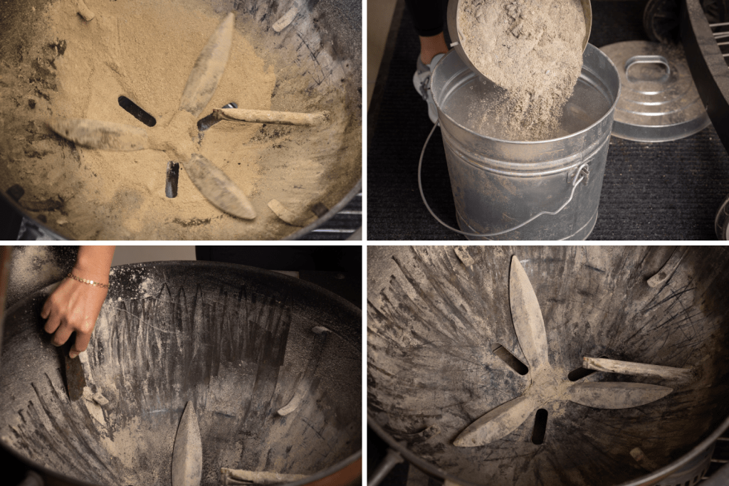 Four image process of clearing out ash from a charcoal grill.