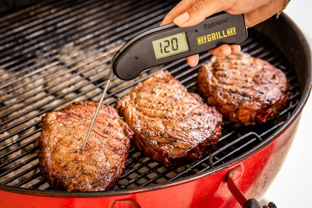 Ribeye steaks reading 120 degrees F.