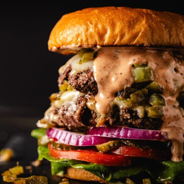 Hatch Chile burger with sauce and toppings.