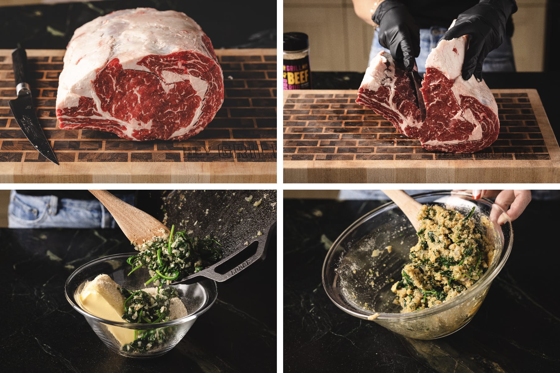 Prime rib sliced open and stuffing made in 4 steps.