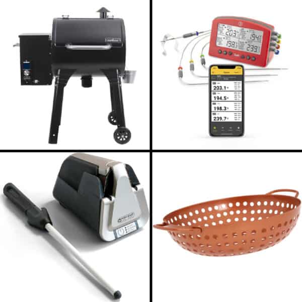 Smoker, thermometer, knife sharpener, and grill basket BBQ gifts on white background.