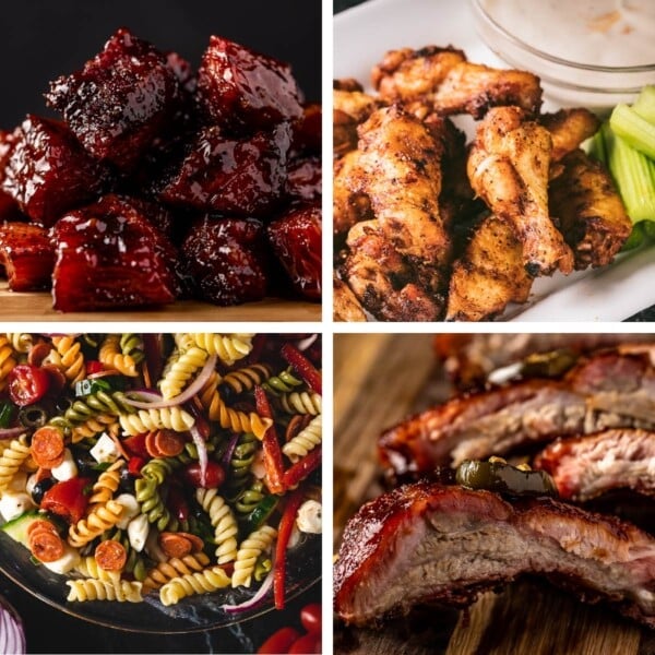 Collage of game day food dishes, included burnt ends, chicken wings, pasta salad, and ribs.