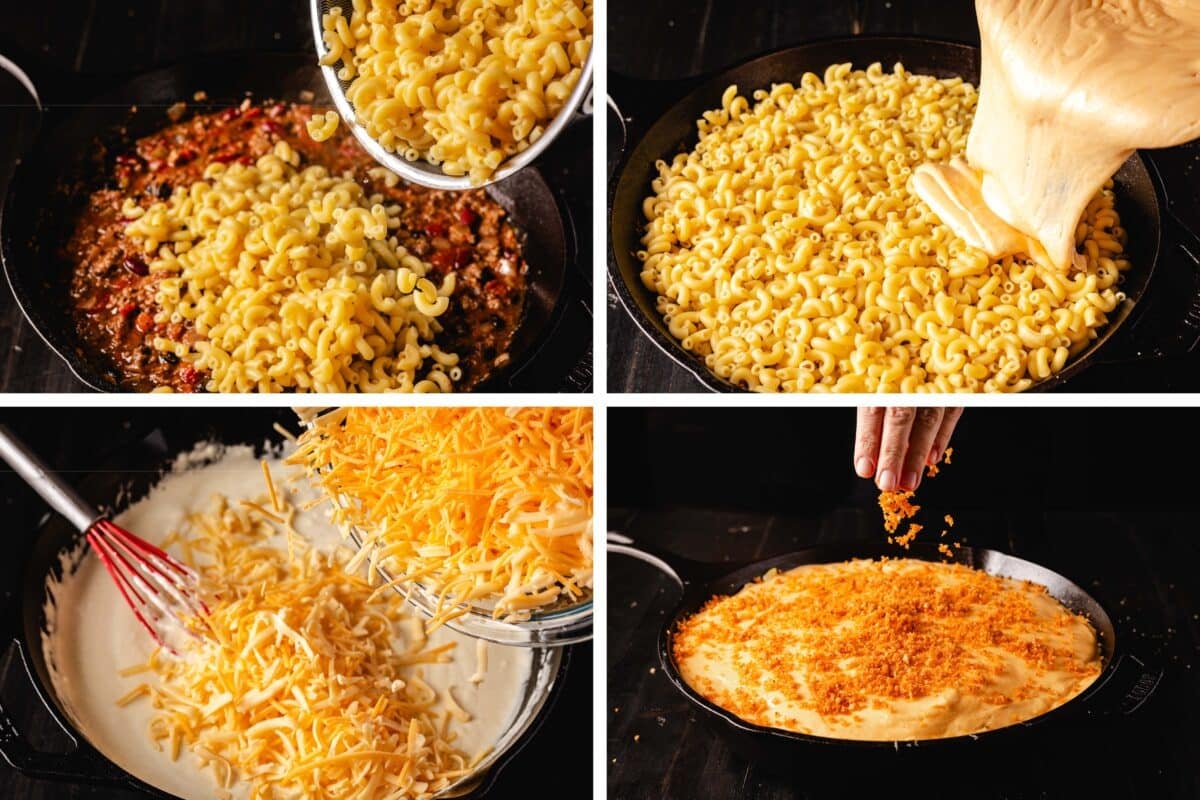 A collage of 4 pictures showing the steps for making mac and cheese on a skillet of chili.