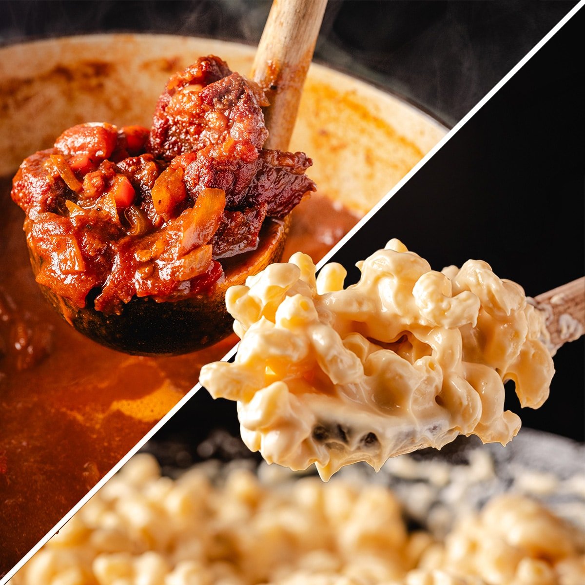 A collage showing a scoop of chili and a scoop of macaroni.