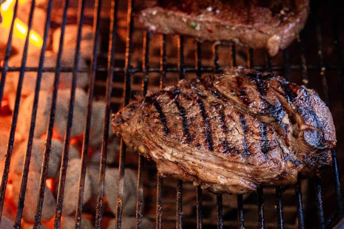 Seared chuckles on grill grates.